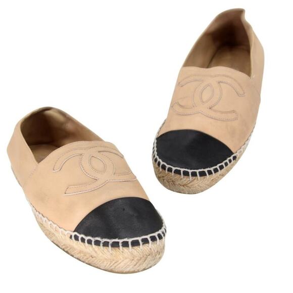 Chanel Espadrille 38 Stitch Leather Cap Toe Cc Flats CC-0402N-0095 - Picture 1 of 12